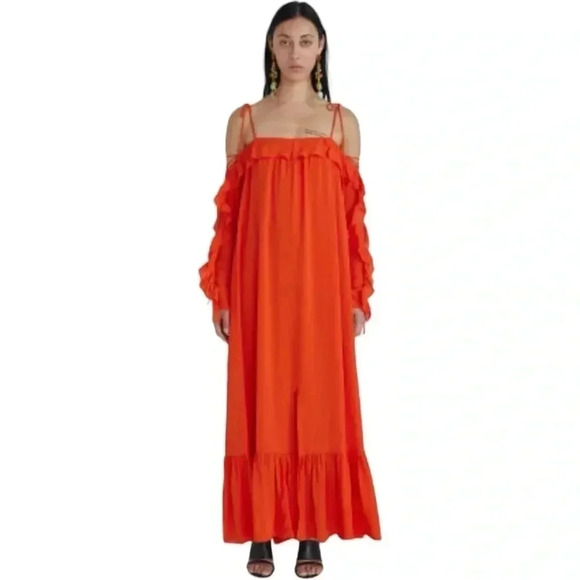 RODEBJER | Arlo Maxi Dress in Poppy Red | Long Flowy Front Slit | Long Sleeve S - Picture 2 of 6